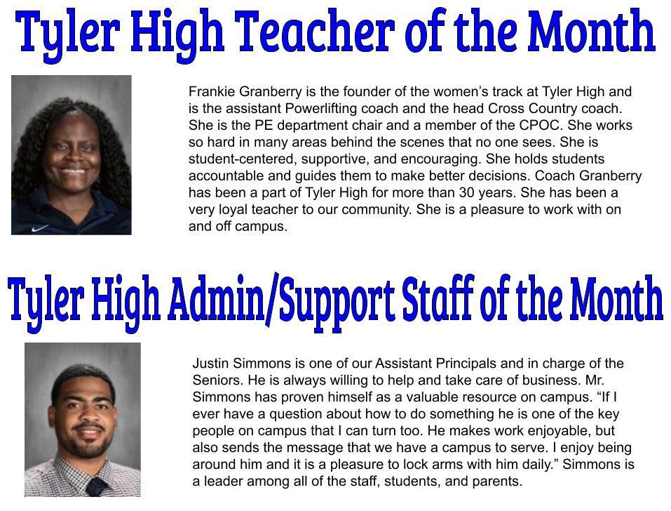 Tyler High March Teacher and Admin of the Month