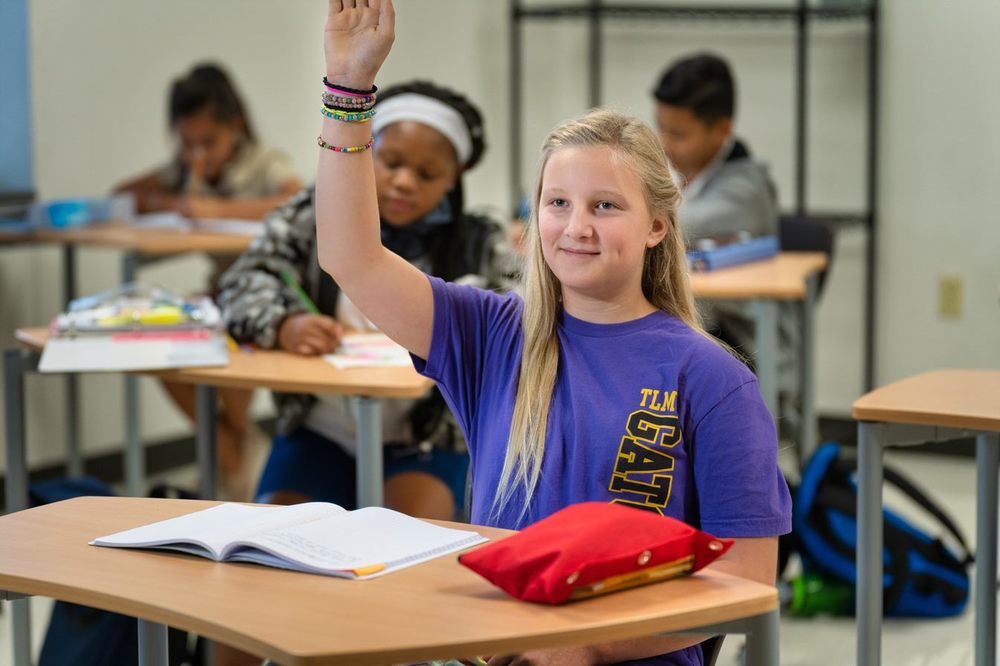 student raising her hand in classroom