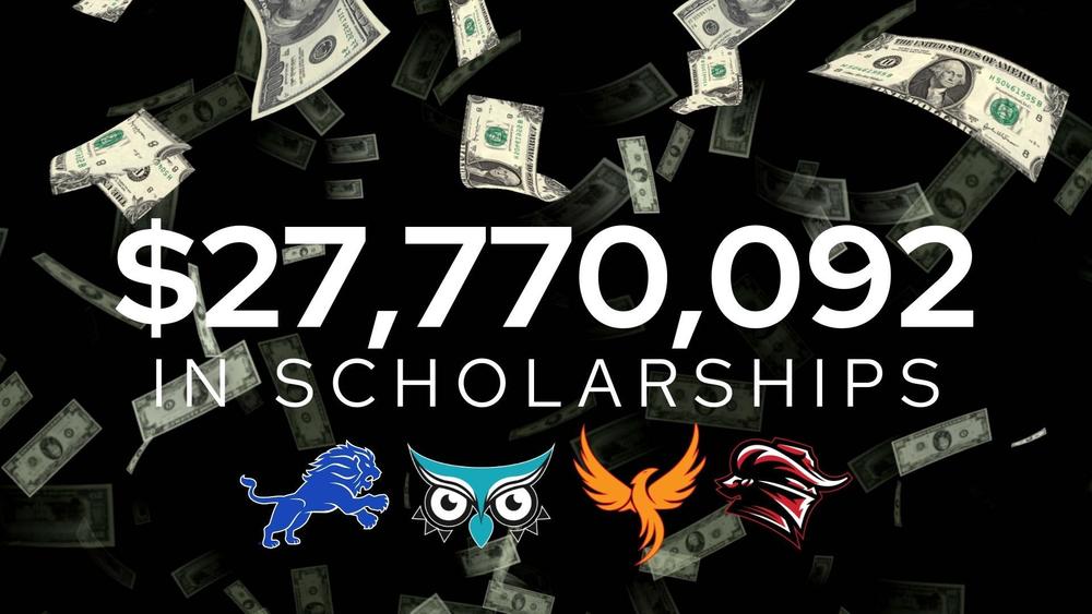 dollar bills flying in background. $27,770,092 in scholarships. 