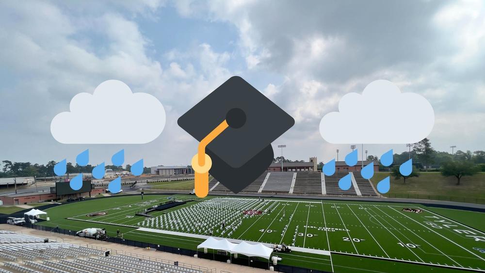 Rose Stadium football field and bleachers with icons for clouds and rain and a graduation cap above the stadium