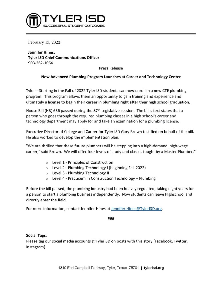CTC Plumbing Press Release