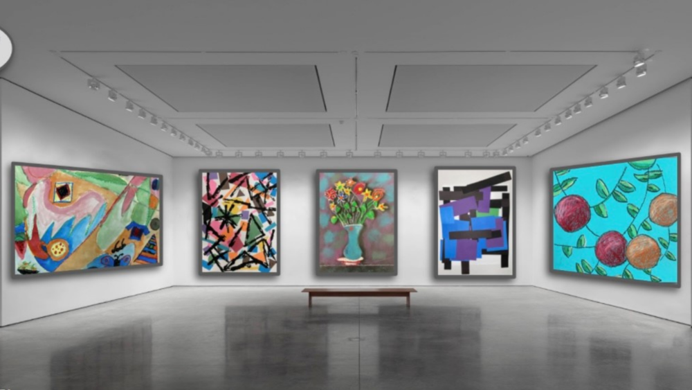 artwork hanging on the wall, bench in middle of the room