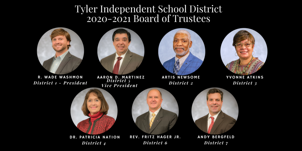 Tyler Independent School District 2020-2021 Board of Trustees. President R. Wade Washmon, District 1; Vice President Aaron D. Martinez, District 5; Artis Newsome, District 2; Yvonne Atkins, District 3; Dr. Patricia Nation, District 4; Rev. Fritz Hager, Jr., District 6; and Andy Bergfeld, District 7.