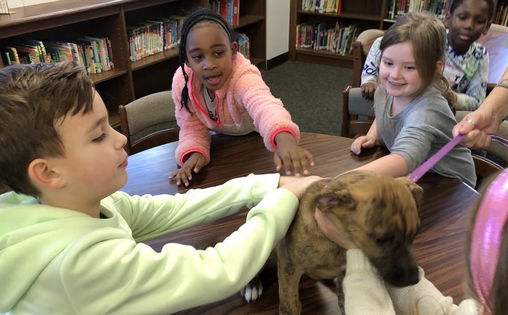 elementary aged students siting at a table with a puppy on it. The students are petting the puppy