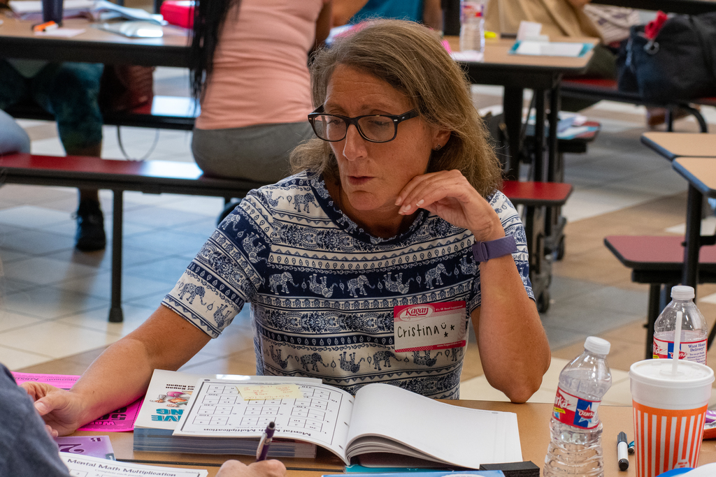 teacher working at a desk on training