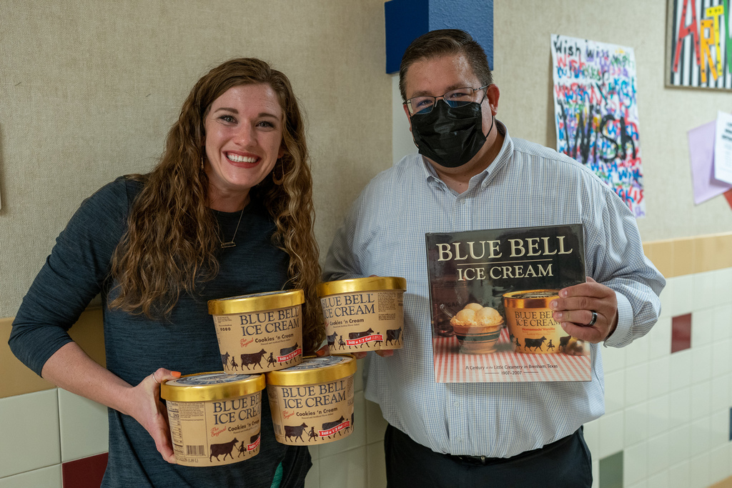 blue bell giving ice cream to Ashley Phelps