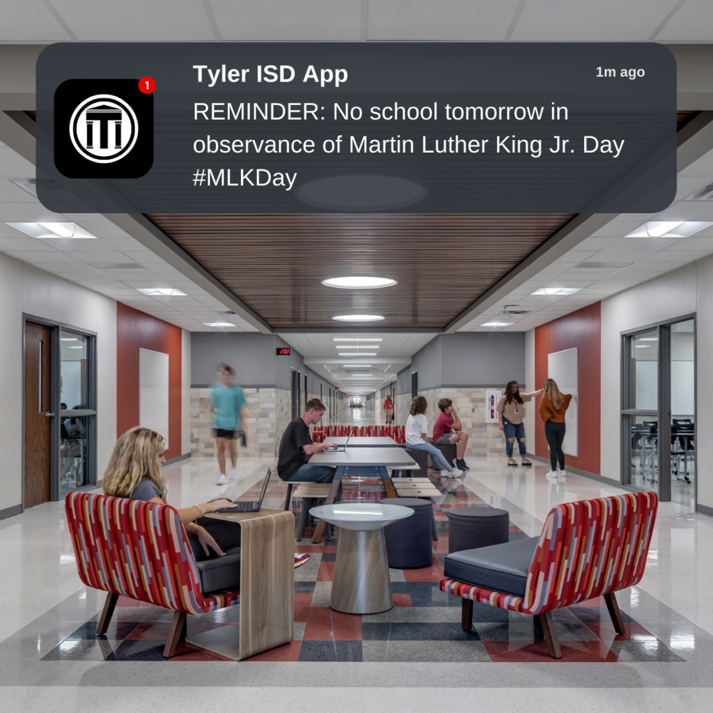 picture of Tyler Legacy collaboration space with an iOS notification of no school tomorrow 