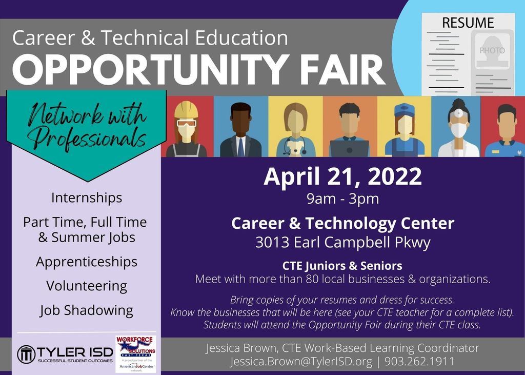 information  about the CTE Opportunity fair hosted by Tyler ISD on April 21