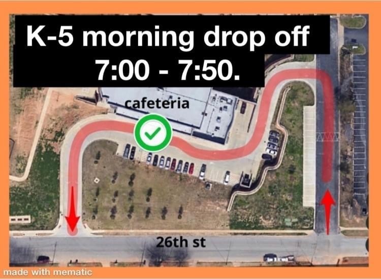 visual explaining that morning car drop off is off 26th street entry.
