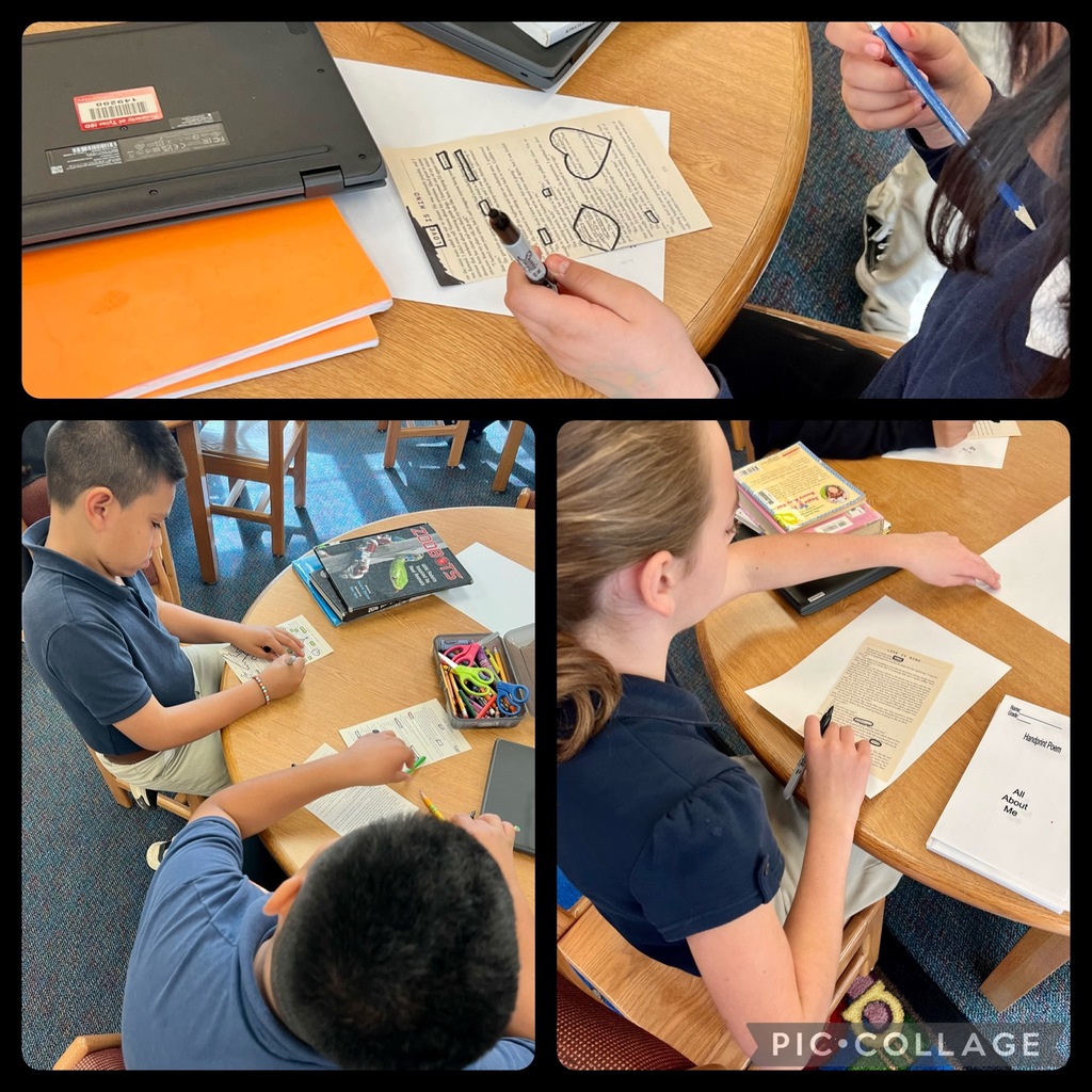 5th grade students completing black out poetry in the library