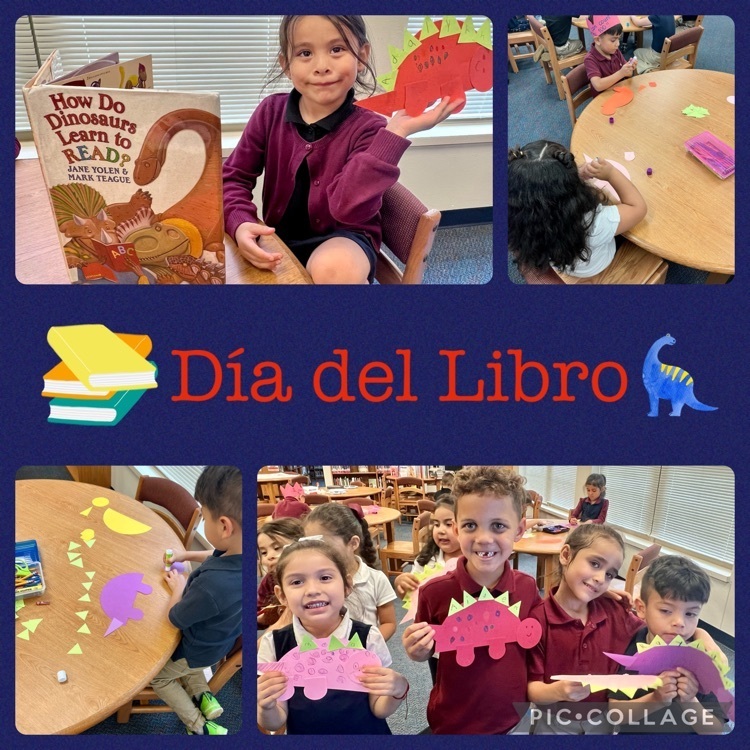pre-K students reading a book about dinosaurs and creating their own dinosaurs for Día del Libro