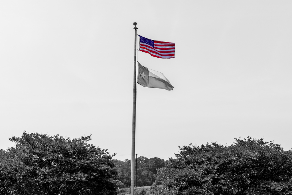 Two flags flying outside of the Tyler ISD administrative office with the US flag in color while the rest of the image is in black and white.